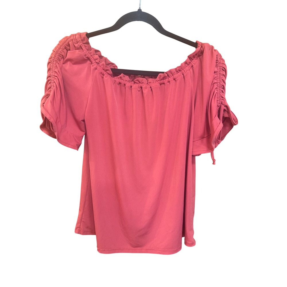 Daytrip Women Coral Pink Off Shoulder Ruched Sleeve Ruffle top Medium boho
